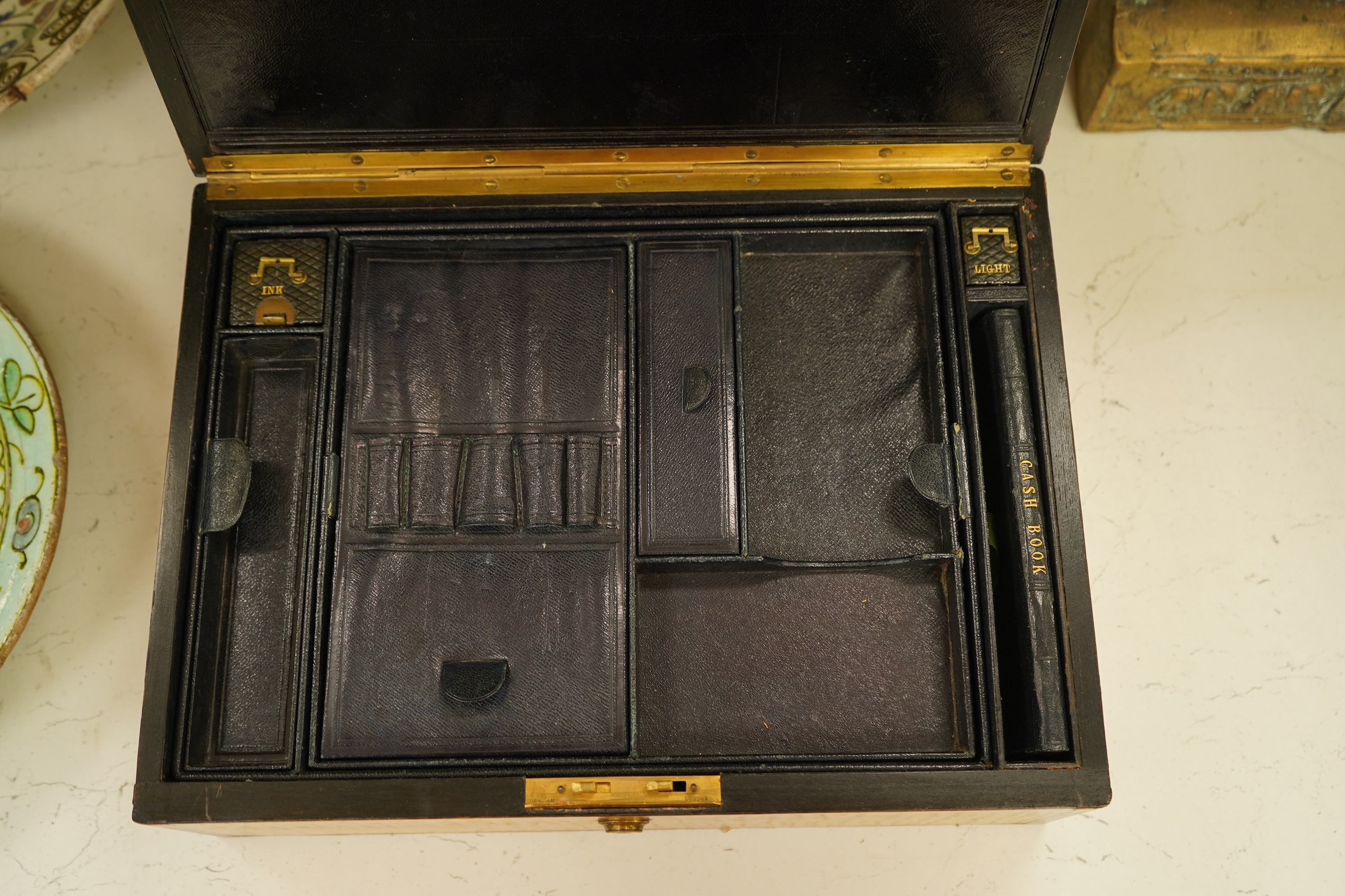 A Victorian sycamore stationery box with fitted interior and inlaid banding, with key, 37cm wide